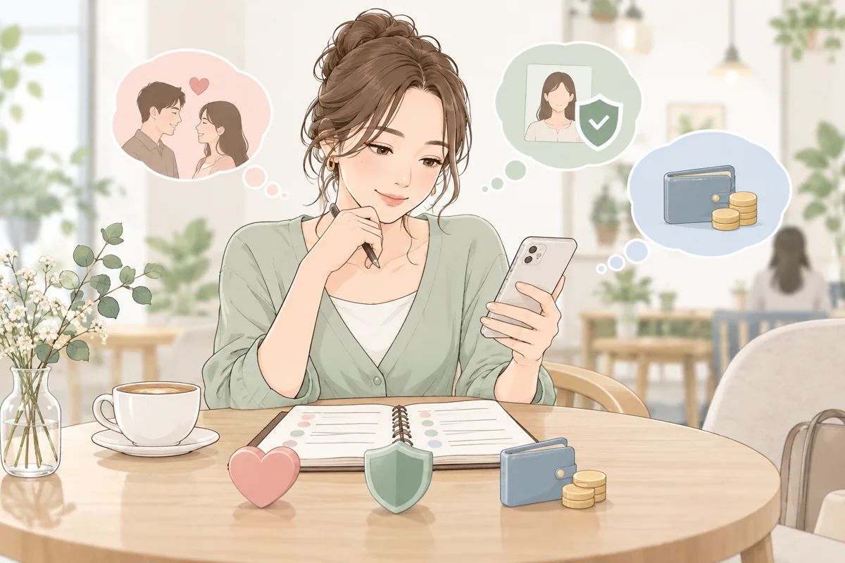 スマートフォンとノートで目的・本人確認・予算を比較する女性