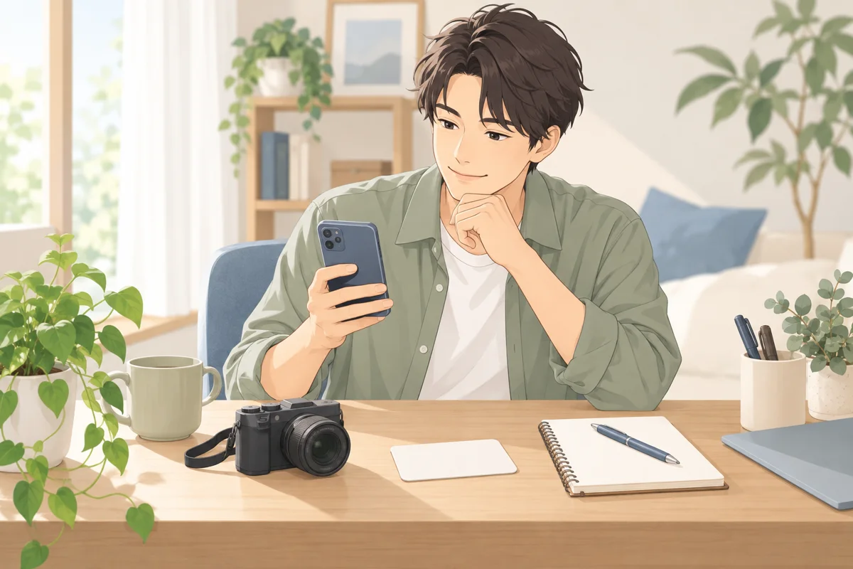 スマートフォンと確認書類、写真を用意してマッチングアプリ登録の準備をする男女のイラスト