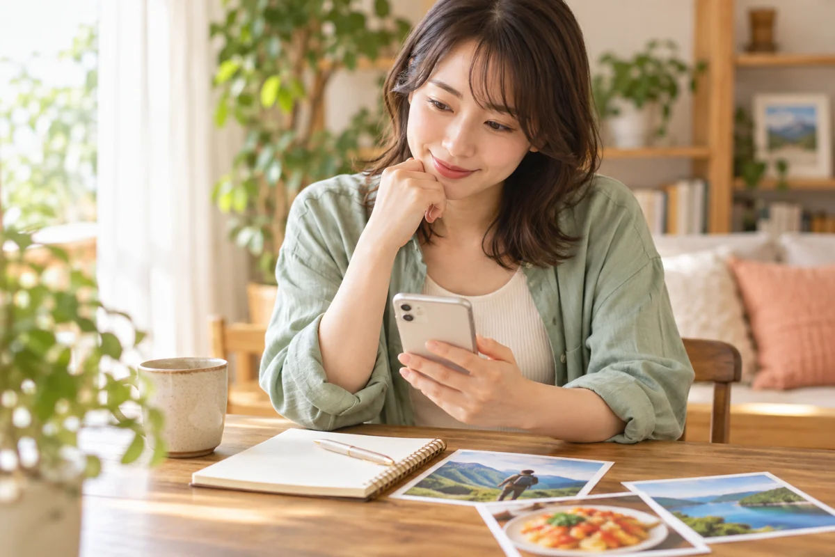 プロフィールに書かれた趣味を読み、最初のメッセージの話題を考える女性