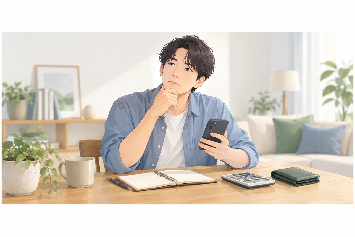 男性がスマートフォン、財布、電卓、ノートでアプリの利用予算を確認する様子