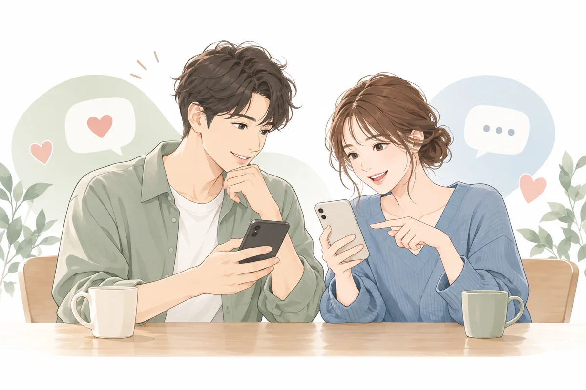 無料の範囲を比較し、自分に合うマッチングアプリを考える男女とスマートフォンのイラスト