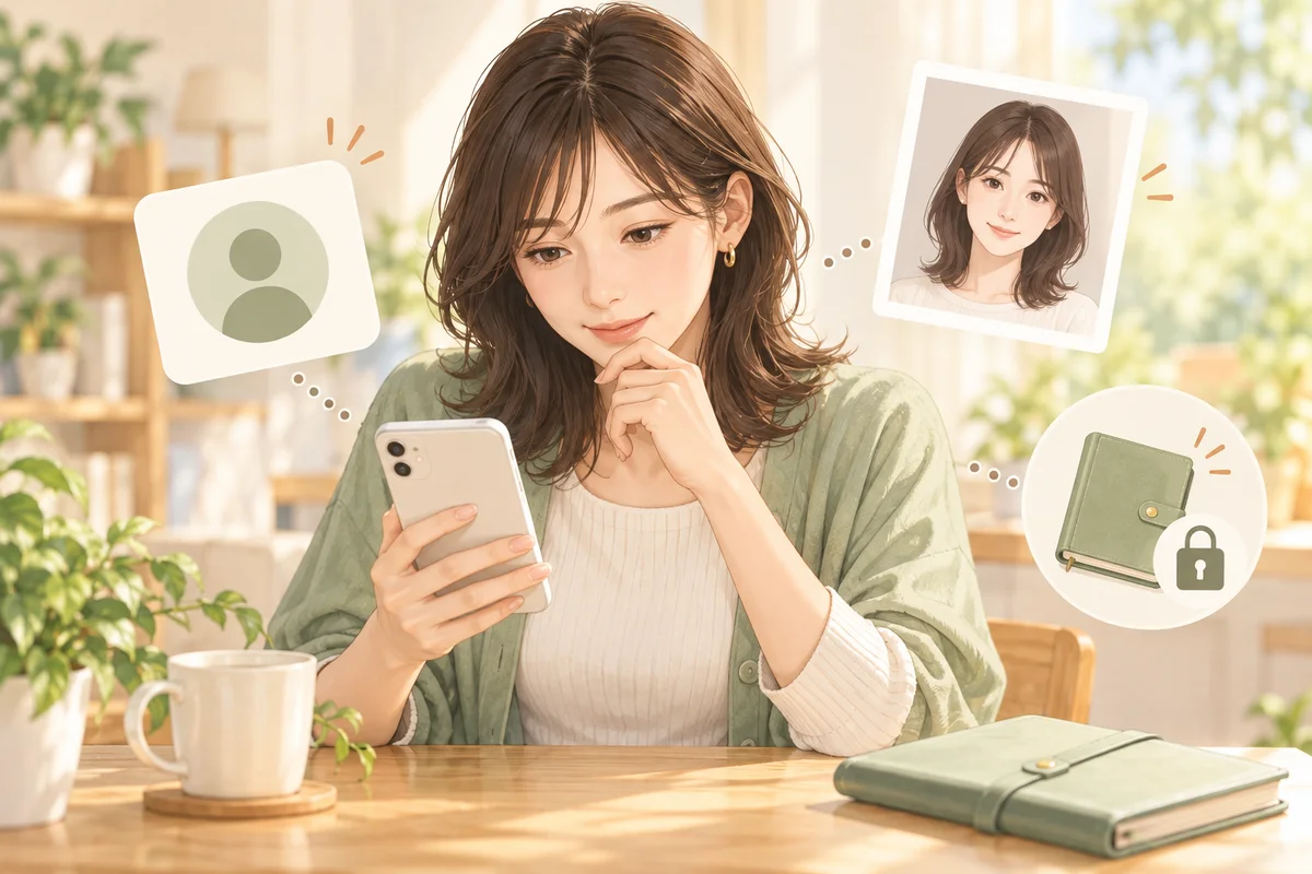 スマートフォンを見ながら表示名・プロフィール写真・公開情報を確認する女性のイラスト