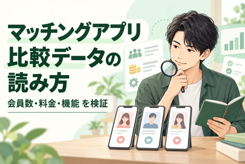 マッチングアプリ比較データの読み方と会員数・料金・機能を検証の見出し、スマートフォンとノートを見比べる男性のイラスト