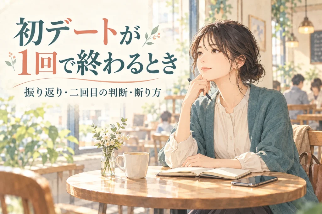 初デートが一回で終わるときの文字と、カフェでノートを開いて考える女性のイラスト