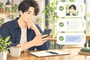 スマートフォンを見ながら、プロフィール写真・自己紹介・初回メッセージの改善項目を確認する男性のイラスト