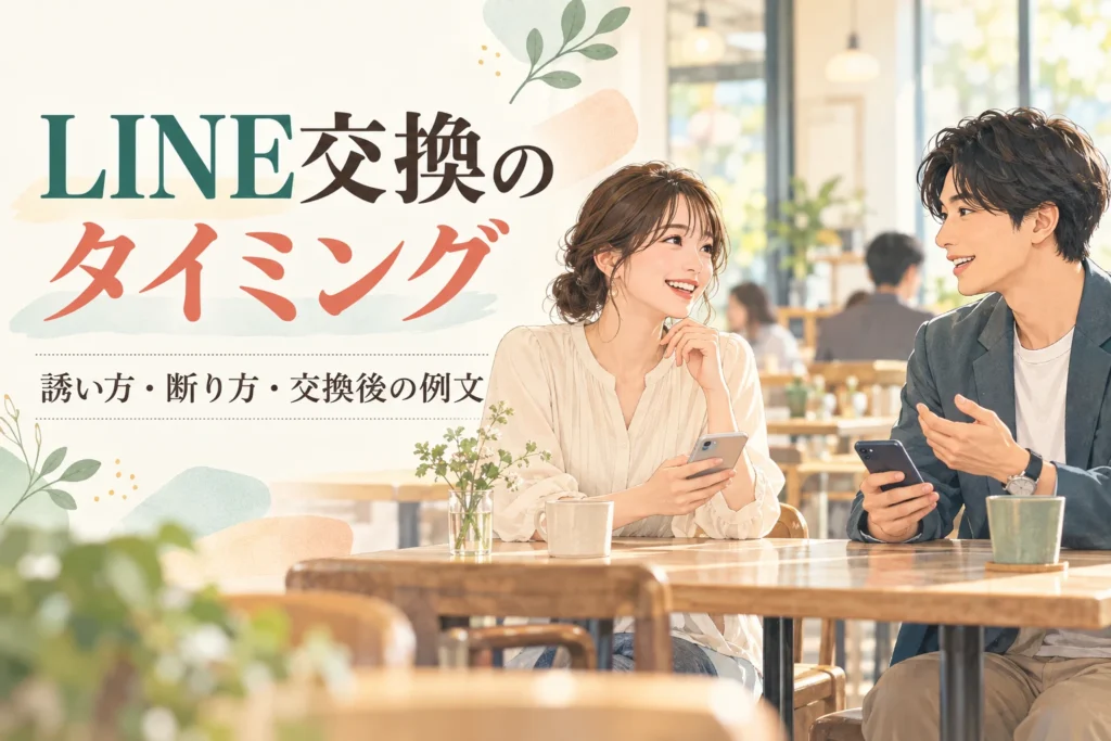 LINE交換のタイミングの文字と、カフェでそれぞれのスマートフォンを持って話す二人のイラスト