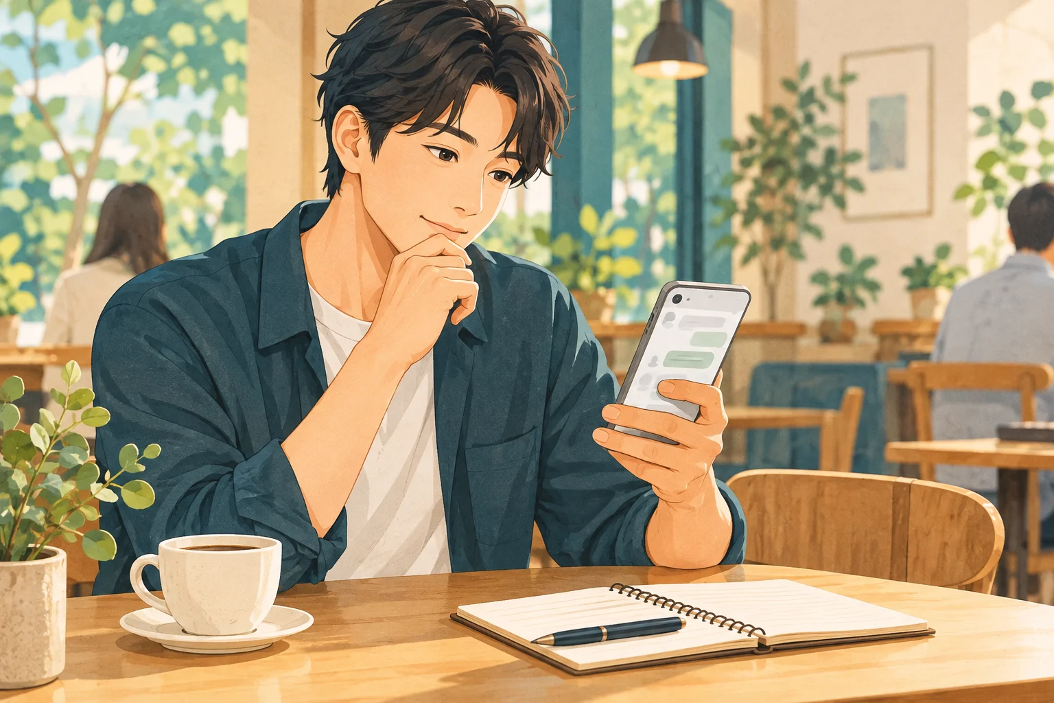 カフェでスマートフォンのメッセージを見直す男性と、テーブルのノート