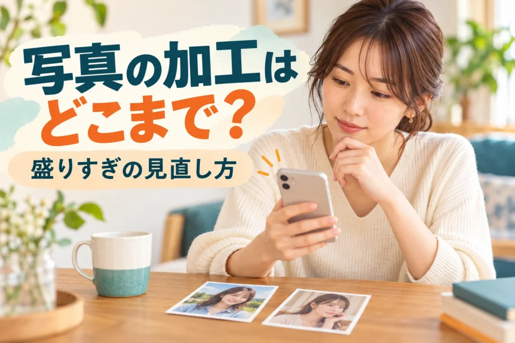 写真の加工はどこまでという見出しと、スマートフォンと写真を確認する女性