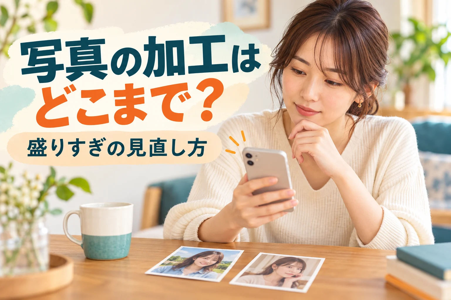 写真の加工はどこまでという見出しと、スマートフォンと写真を確認する女性
