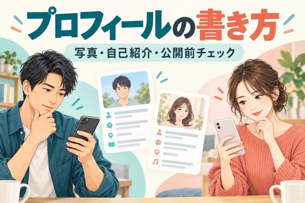 プロフィールの書き方の見出しと、自分のスマートフォンを確認する男女のイラスト