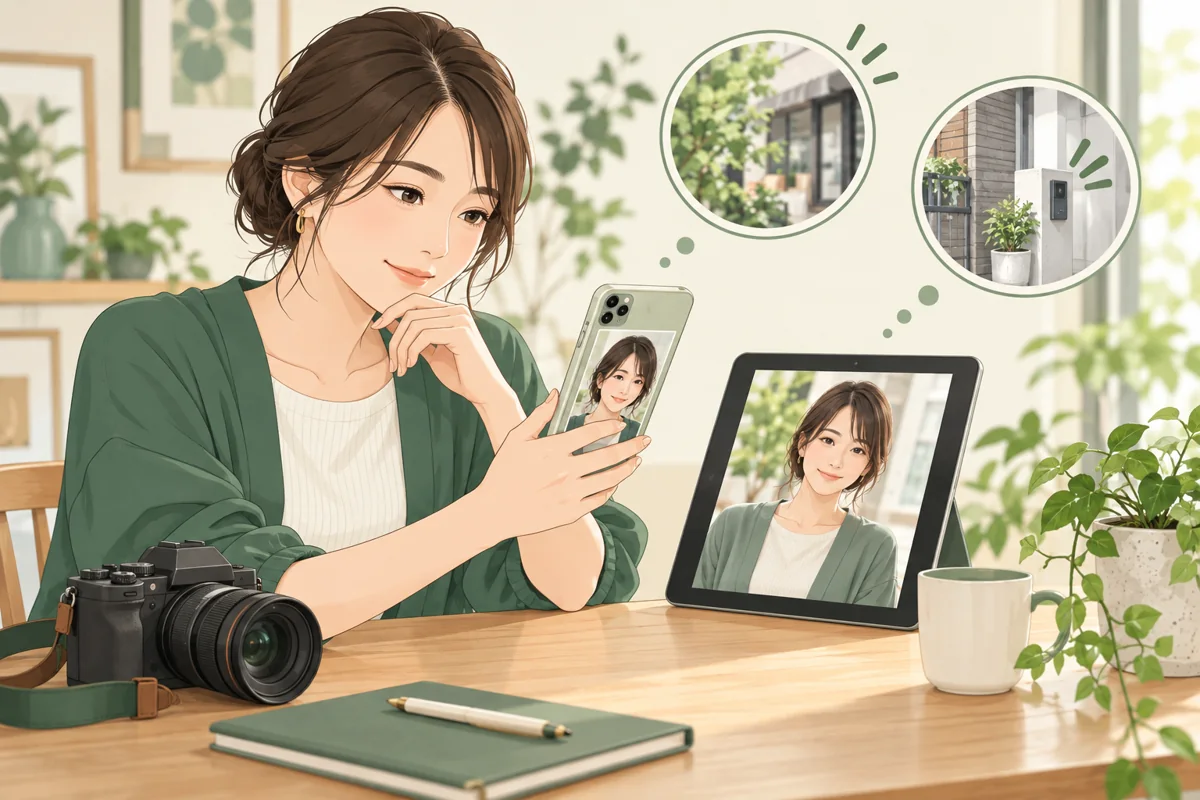 スマートフォンとタブレットの人物写真を見比べ、背景の写り込みも確認する女性のイメージ