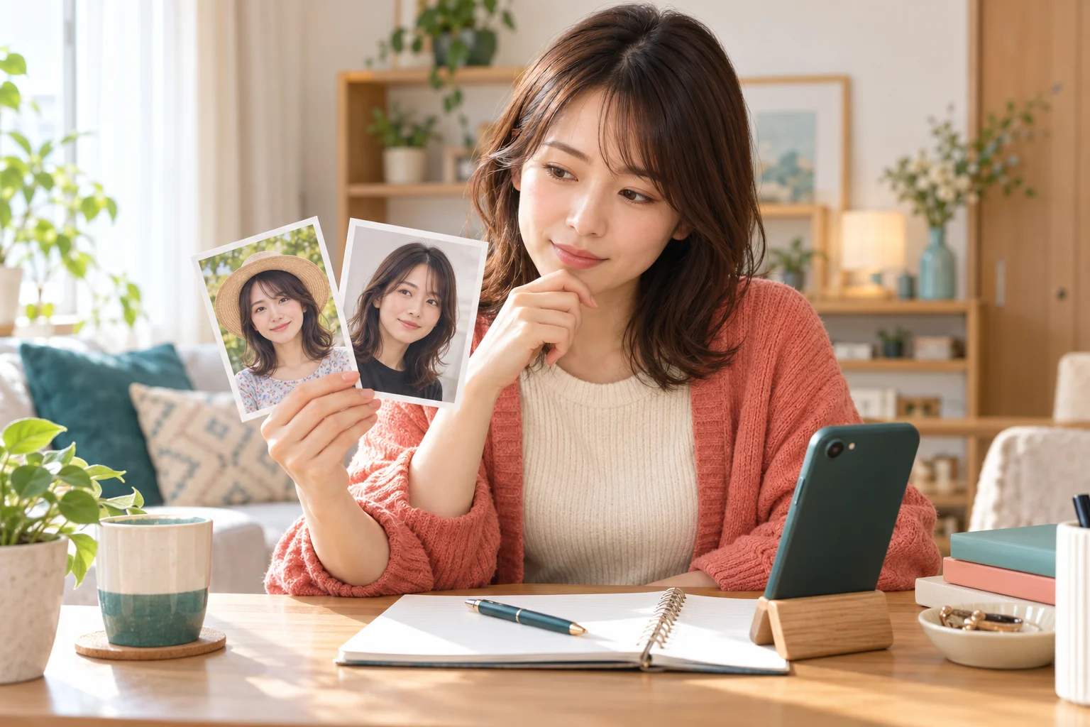 机にスマートフォンとノートを置き、二枚の写真を見比べている女性