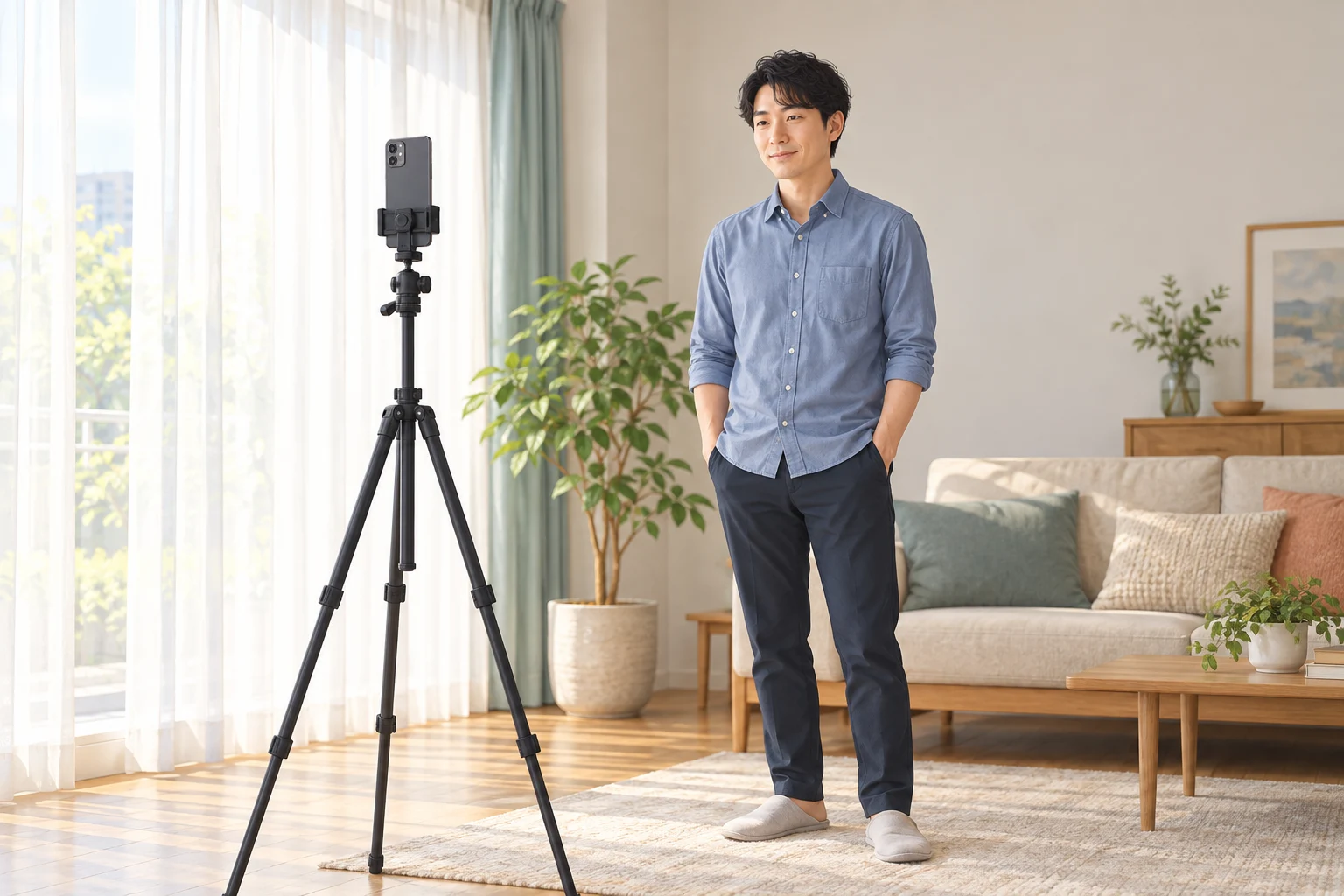 窓辺でスマートフォンを三脚に固定し、プロフィール用の写真を撮る男性のイメージ