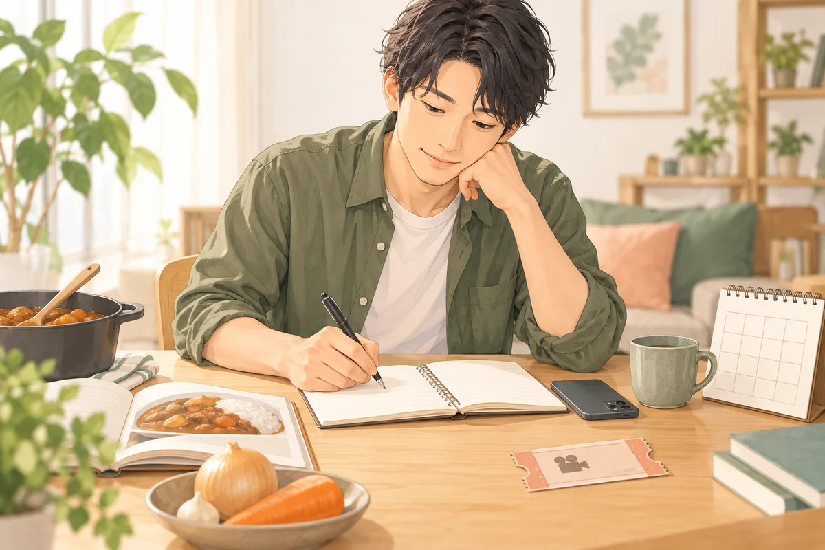 料理や映画など普段の生活を材料に、自己紹介の下書きをノートに書く男性のイラスト
