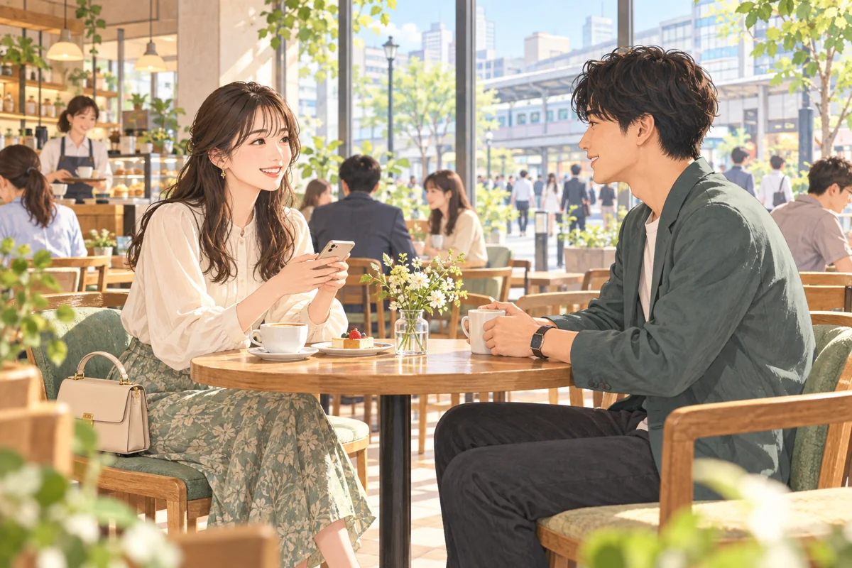 メッセージで会話を続け、初デートの場所を相談する男女